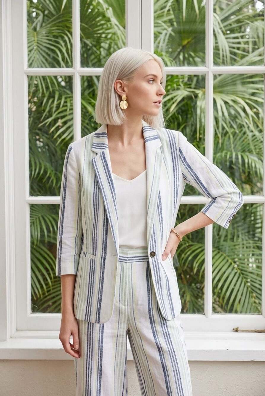 Est. 1946 Women's White Multi-Color Stripe Three-Quarter Sleeve Blazer #909